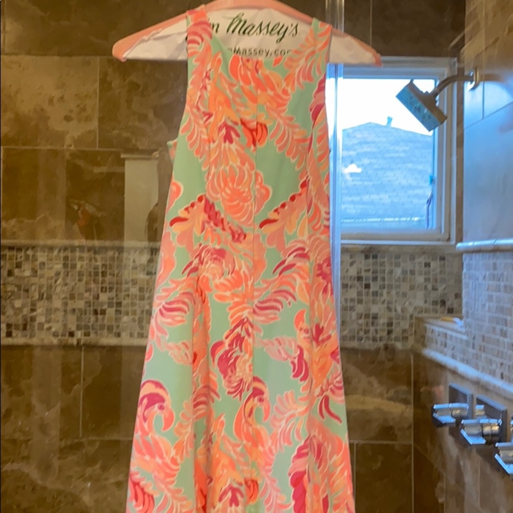 light greenish blue with pink sleeveless dress